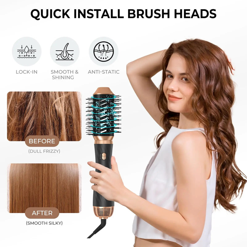 6 in One Blow Dryer Brush 60000RPM, Upgraded Hot Air Brush, Curling Wand Curling Iron Brush Blow Dryer with 3 Temp