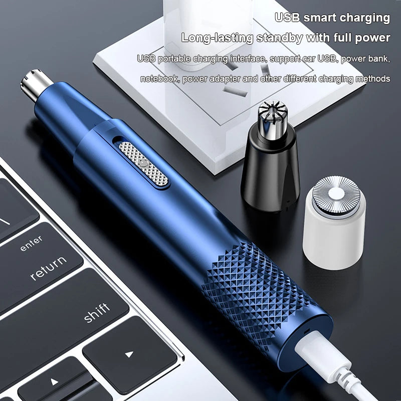 Portable Electric Ear Nose Hair Trimmer Washable Nose Trimmer Head + Shaver Head Hair Removal Shaving Tool USB Rechargeable