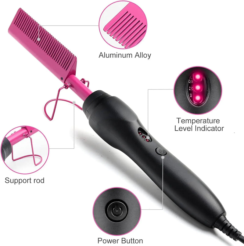 Pink Hot Comb Hair Straightener Ceramic Electric Pressing Comb Portable Curling And Straightening Anti-Scald Beard Straightener