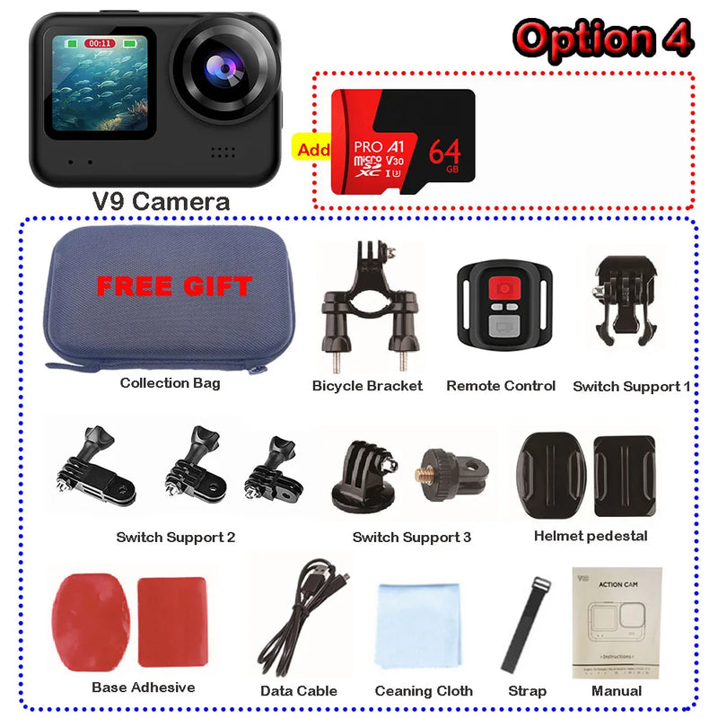 4K60FPS 20MP Action Camera 5M Body Waterproof EIS 170D DVR Sports Video Recording Dual Display 2" Touch Screen 1080P Webcam