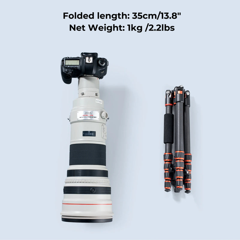 K&F Concept 60"/152cm Carbon Fiber Camera Tripod Lightweight Travel Tripod 8kg/17.6lbs with 360° Ball Head for Canon Sony Nikon