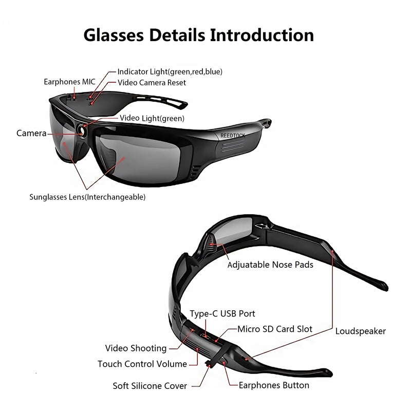 Smart Music Glasses Camera with Bluetooth Earphones,1080P Video for Outdoor Driving Cycling,Eyewear Camcorder,Mini Camera