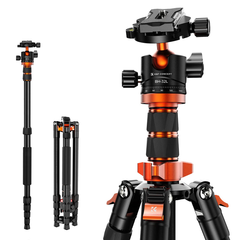 K&F Concept 78 inch/198cm Camera Tripod 3-section Central Axis Travel Tripod with 32mm Metal Ball Head Load Capacity 12KG