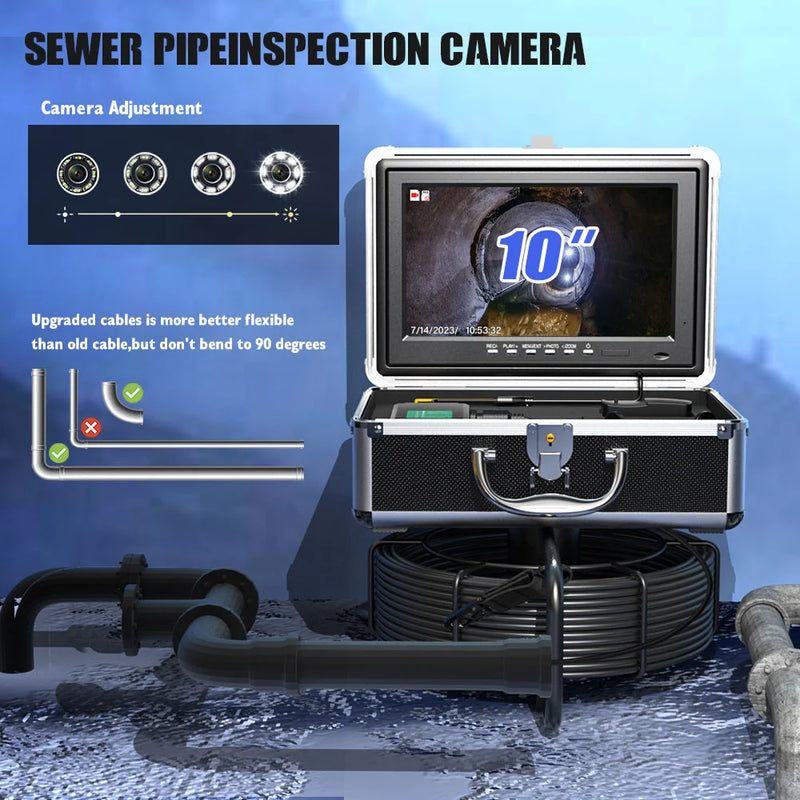 10" IPS Pipe Sewer Drain Inspection Camera 20M 30M 50M 512hz Transmitter AHD 1080P Screen Video+Audio Recording 5X Image Enlarge