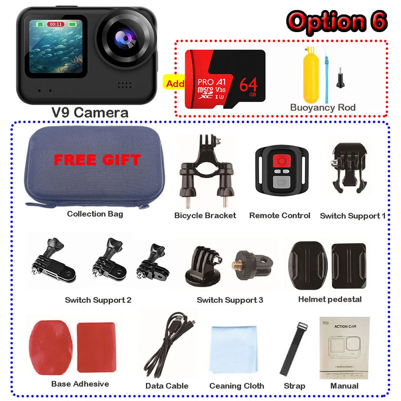 4K60FPS 20MP Action Camera 5M Body Waterproof EIS 170D DVR Sports Video Recording Dual Display 2" Touch Screen 1080P Webcam