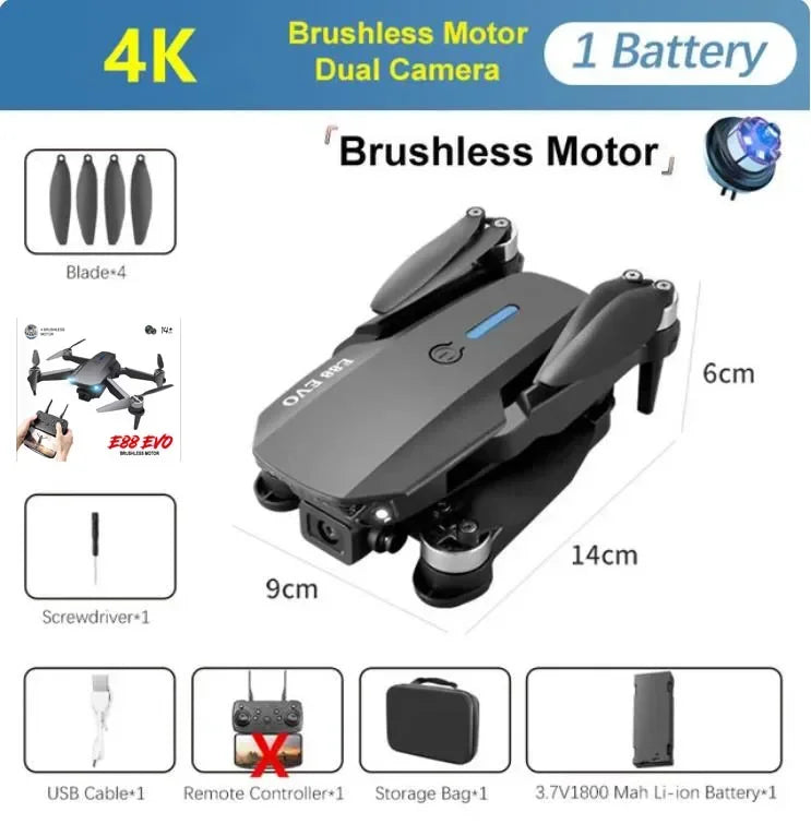 E88EVO Brushless Power Optical Flow Positioning Foldable Remote Control Aircraft Drone 4K FPV Camera Children's Toy RC Drone