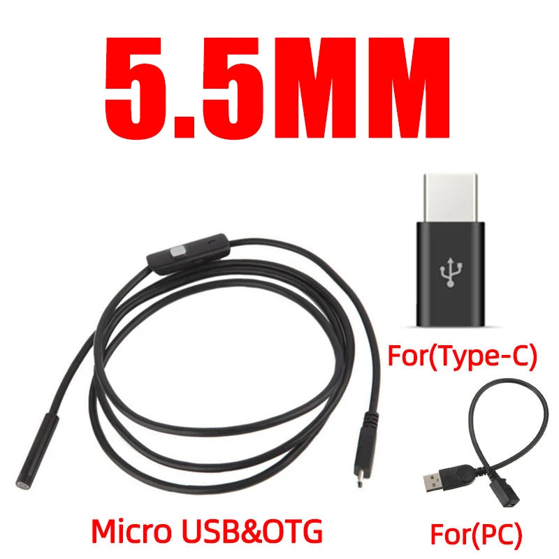 5.5 7mm 3 in 1 Endoscopic Camera for Mobile Phone Tpye-c Micro USB Borescope Mini Camera Piping Inspection Camera for Drain Pipe