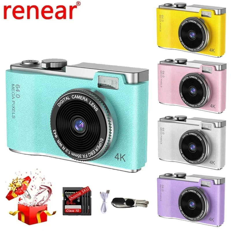 Digital Camera 4K HD Kid Camera 64MP Autofocus Vlogging Camera 2.4 inch Retro Fashion Portable Video Camcorder for Beginners