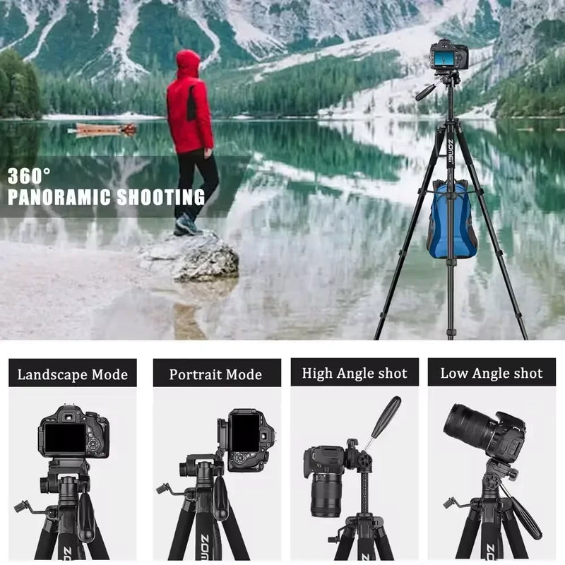 360°Rotatable Aluminum Portable Tripod Stand for Professional DSLR CameraMobile Phone, 187cm/73.6in Tall,Load up to 5kg/11lbs