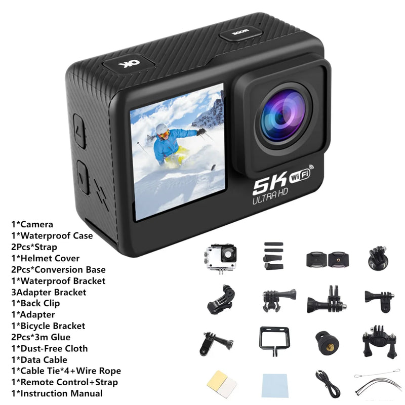 5K 4K 1080P Sport Camera Anti-shake WIFI Action Video Cam Dual Screen Outdoor Cycling Camera 30m Waterproof with Remote Control